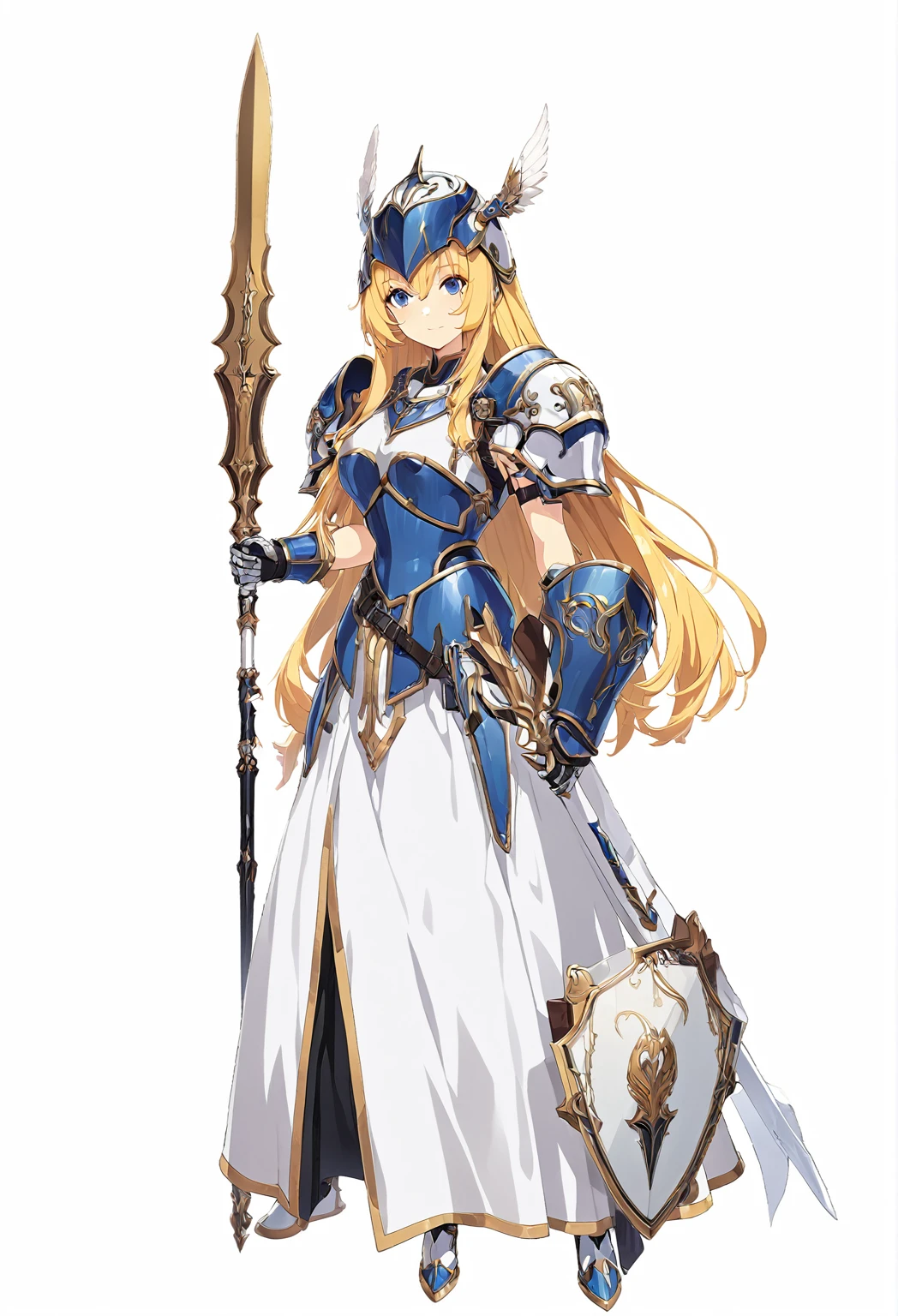 high quality, high resolution, high qualityのゲームアートスタイル, whole body,valkyrie,perfect hand,Official Art, Smooth game CG art, Visual Novel Sprites, White background,Smooth game CG art, (((Woman with a gun))),Woman wearing a white dress and blue armor, An intricately designed helmet with white feathers,((A small shield is attached to the left arm.)), (((In his right hand he holds an elaborate spear))),Exquisite Blue Armor,Golden Hair, long hair, blue eyes,female knight, Rin々Shii,Large Bust,20-year-old