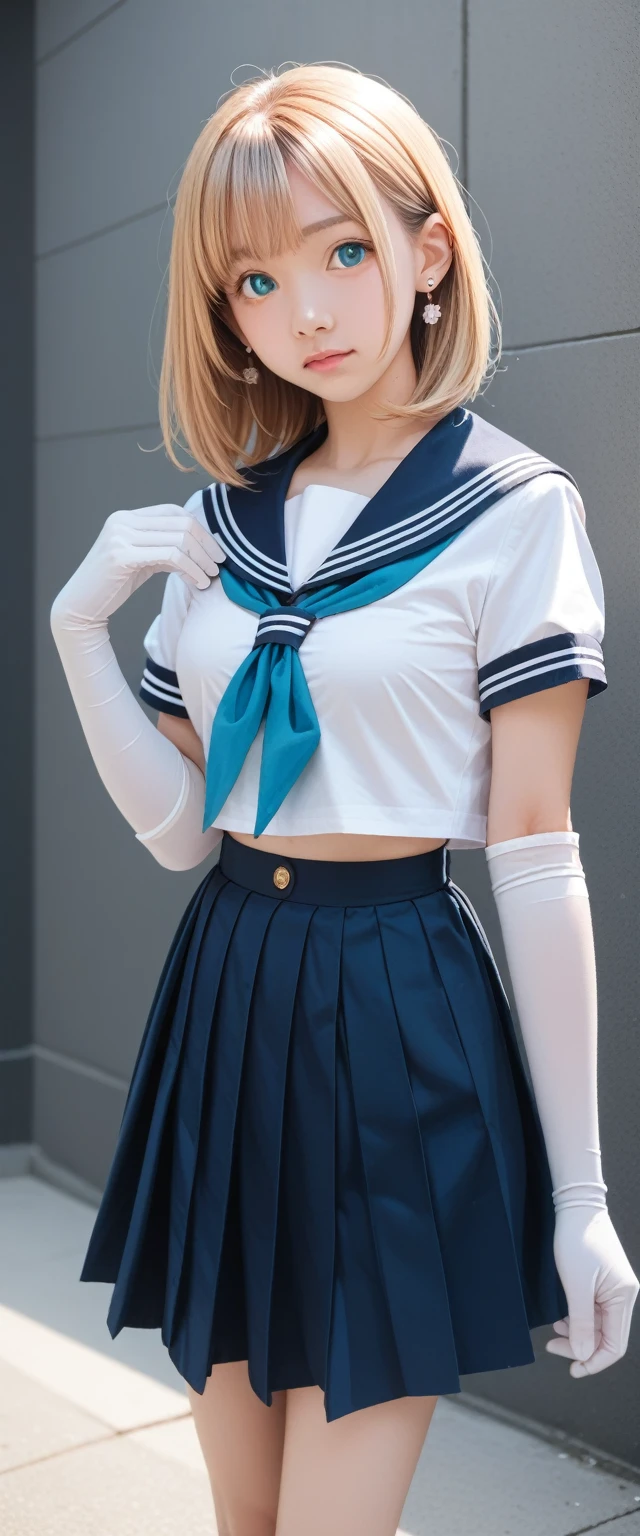 1 girl, sailor, Tsukino Usagi, (sailor chiseki uniform:1.2), (Aqua eyes:0.9), Blonde Hair, Medium Length Hair, Wedge Skirt, best quality, earrings, masterpiece, high resolution, Intricate details, (Practical)), photography, (White elbow gloves:1.1), Jewelry, Medium breasts, whole body, Dynamic Background, Dynamic poses, White