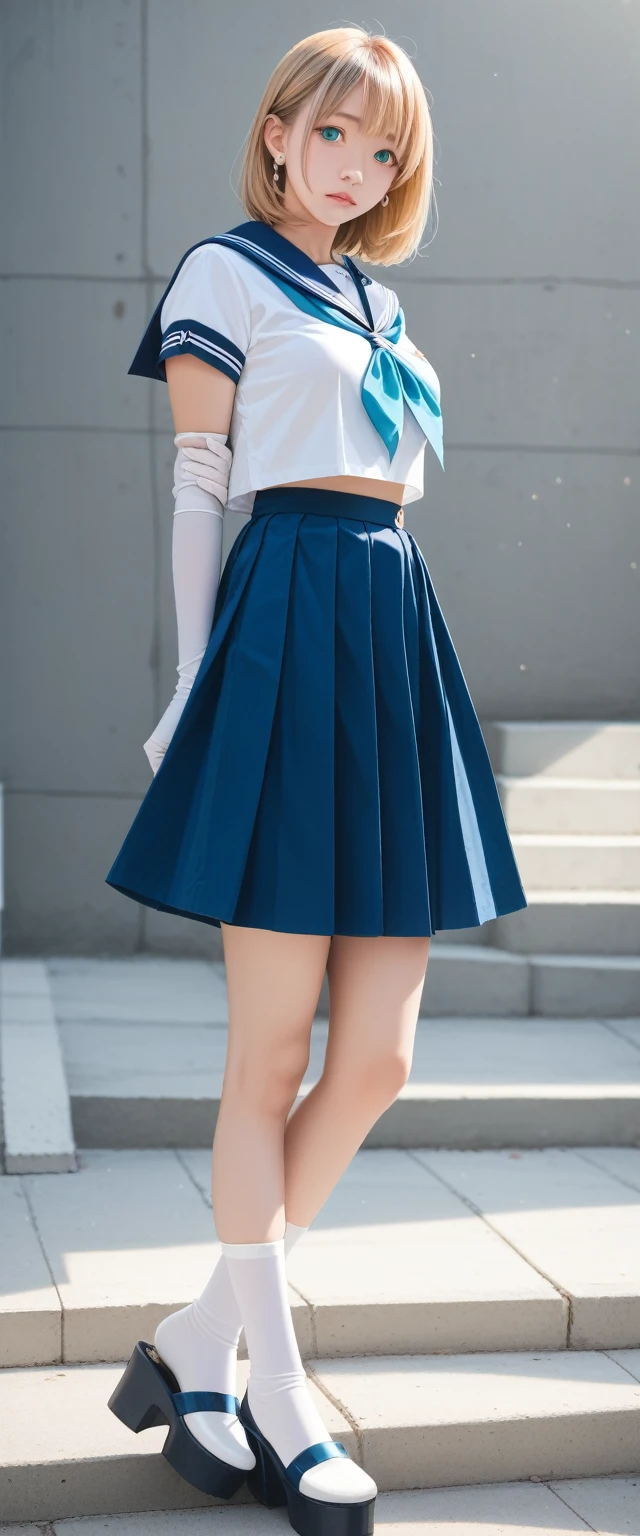 1 girl, sailor, Tsukino Usagi, (sailor chiseki uniform:1.2), (Aqua eyes:0.9), Blonde Hair, Medium Length Hair, Wedge Skirt, best quality, earrings, masterpiece, high resolution, Intricate details, (Practical)), photography, (White elbow gloves:1.1), Jewelry, Medium breasts, whole body, Dynamic Background, Dynamic poses, White