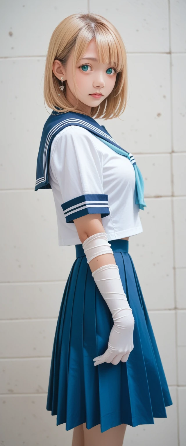 1 girl, sailor, Tsukino Usagi, (sailor chiseki uniform:1.2), (Aqua eyes:0.9), Blonde Hair, Medium Length Hair, Wedge Skirt, best quality, earrings, masterpiece, high resolution, Intricate details, (Practical)), photography, (White elbow gloves:1.1), Jewelry, Medium breasts, whole body, Dynamic Background, Dynamic poses, White