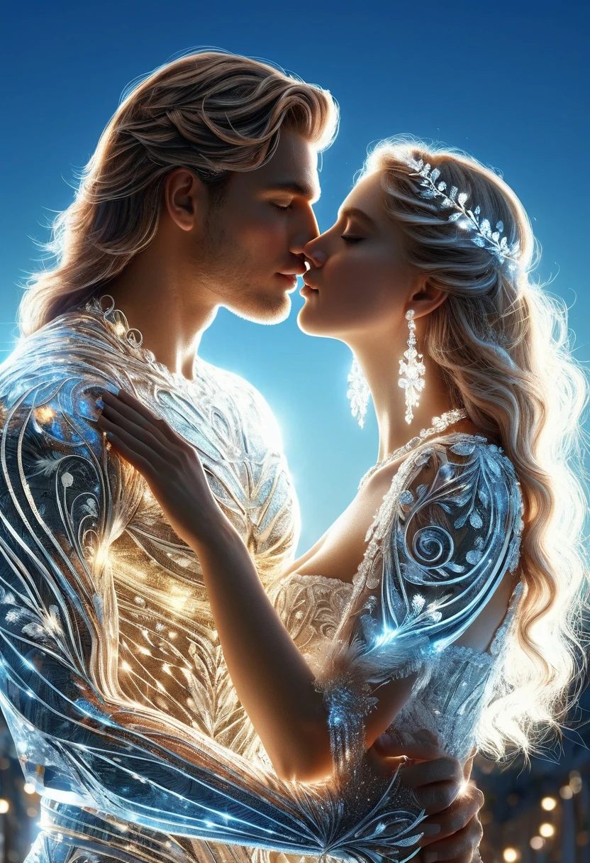 Romantic kissing man and woman, (Beautiful Roman teenage caucasian couple made of light_1 man with long hair and 1 woman with shiny diamond necklace and earrings), (Translucent glowing body_Upper body shot), (Romantic_Detailed and accurate hand drawing, delicate features), Light particles, Architectural street, Landscape, Clear sky, (Best quality, 8K, Hyperrealistic: 1.2), (Highly detailed, Realistic: 1.37), Bright background, Exquisite details, Amazing, Fluorescent, Glowing, Bioluminescent body, Glowing patterns.