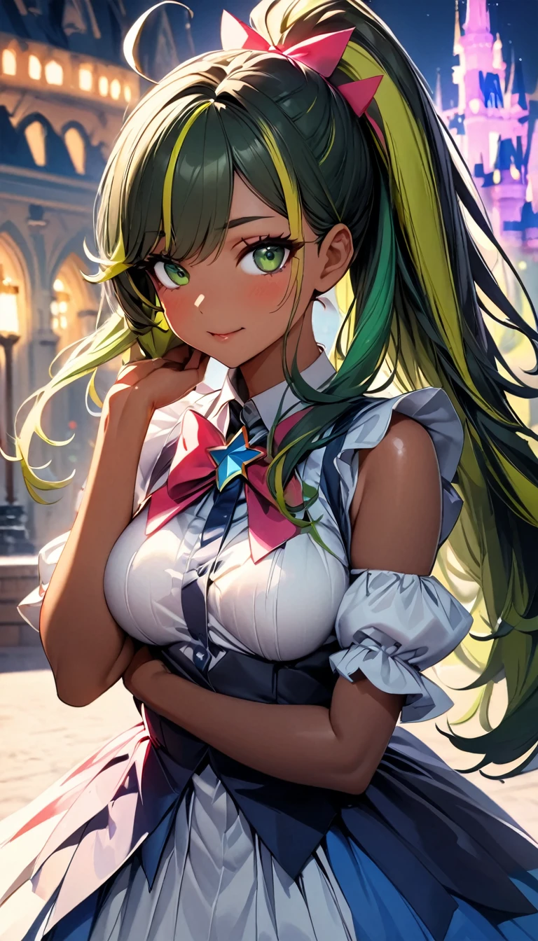 (highest quality:1.2, Very detailed, up to date, Vibrant, Ultra-high resolution, High Contrast, masterpiece:1.2, highest quality, Best aesthetics), Portraiture、solo, girl、(slim:1), (25-years-old), Bright colors、Beautiful fine details、Beautiful lip detail、long hair、ponytail, white and yellow green ((streaked hair:1.6)), highlights hair: 1.5, (medium breast:1) , (tan skin:0.9), magical girl, wave a magic stick, shinning star at the top of stick, in magic kingdom, (daytime), cute pose, ((cowboy shot:1))