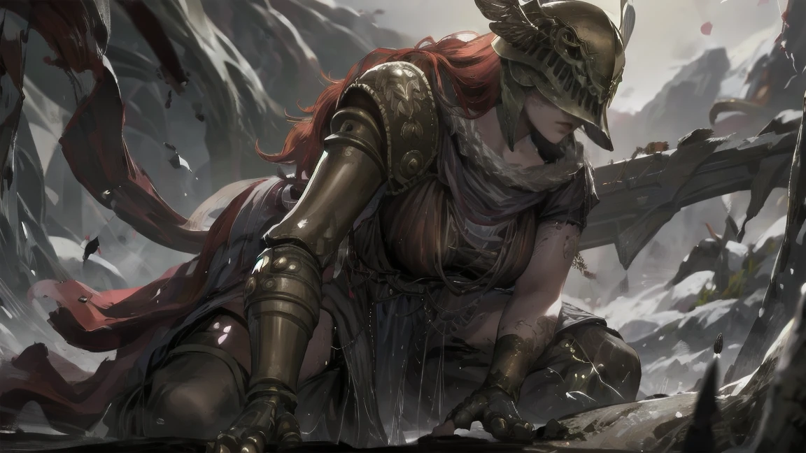 1 girl, ultra sharp image, portrait of a girl, Gothic style, fantasy, face close up, beautiful figure, beautiful, full length (full body 1.1.), battlefield, swords stuck into the ground in the background, Red sunset, slender legs, buttocks, slender legs, Wasp waist, sexy, Fighting pose, fighting stance, only,Helmet,light-skinned Женский, One, long curved sword in hand