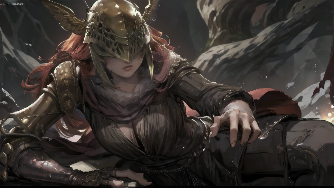 1 girl, ultra sharp image, portrait of a girl, Gothic style, fantasy, face close up, beautiful figure, beautiful, full length (full body 1.1.), battlefield, swords stuck into the ground in the background, Red sunset, slender legs, buttocks, slender legs, Wasp waist, sexy, Fighting pose, fighting stance, only,Helmet,light-skinned Женский, One, long curved sword in hand
