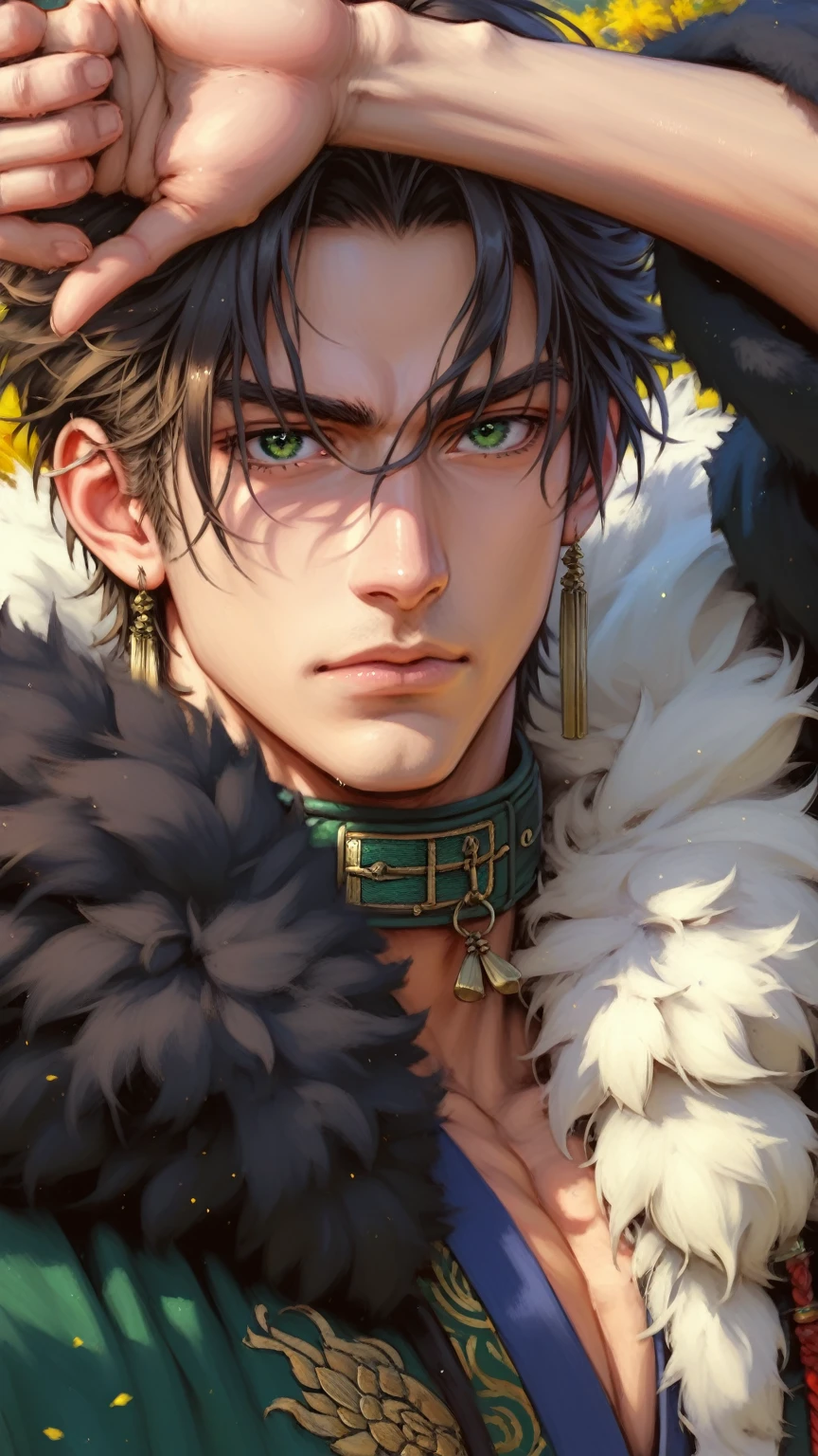 absurdities, High resolution, ultra detailed, HdR, masterpiece, Extremely detailed face and eyes, short hair, Dark brown hair, bangs that cover the forehead, bushy eyebrows, serious, expressive green eyes, straight hair, detailed eyes, LOOKING AT THE SPECTATOR, 1 man, 30 year old man, Dark brown hair, rasgos masculines, arete mongol masculine, Mongolian clothing with green details, masculine, green mongolian clothing, nature background, fur coat, collar mongol, beefy chest, Complete plan