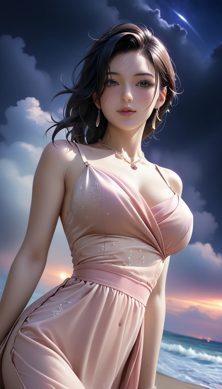 score_9, score_8_superior, score_7_superior, Masterpieces with up to 16K resolution,Highest quality,it is really amazing,Very detailed,Ultra-high resolution,(Ultra-realistic:1.1),(Realistic:1.1),Increased depth of field,Cinematic lighting,
Elegant Japanese MILF,
Long black hair,Ultra-detailed and beautiful faces,Translucent white skin,Very detailedな肌,
(Elegant resort dresses:1.1),
Artistic design,Beautiful and detailed pattern,Detailed fabric texture,
Gorgeous necklace,Earrings,
(Romantic evening coastal scenery:1.2),(Deserted beach:1.1),(A pitch black night sky with dark clouds:1.3),
(Dutch Angle:1.3),