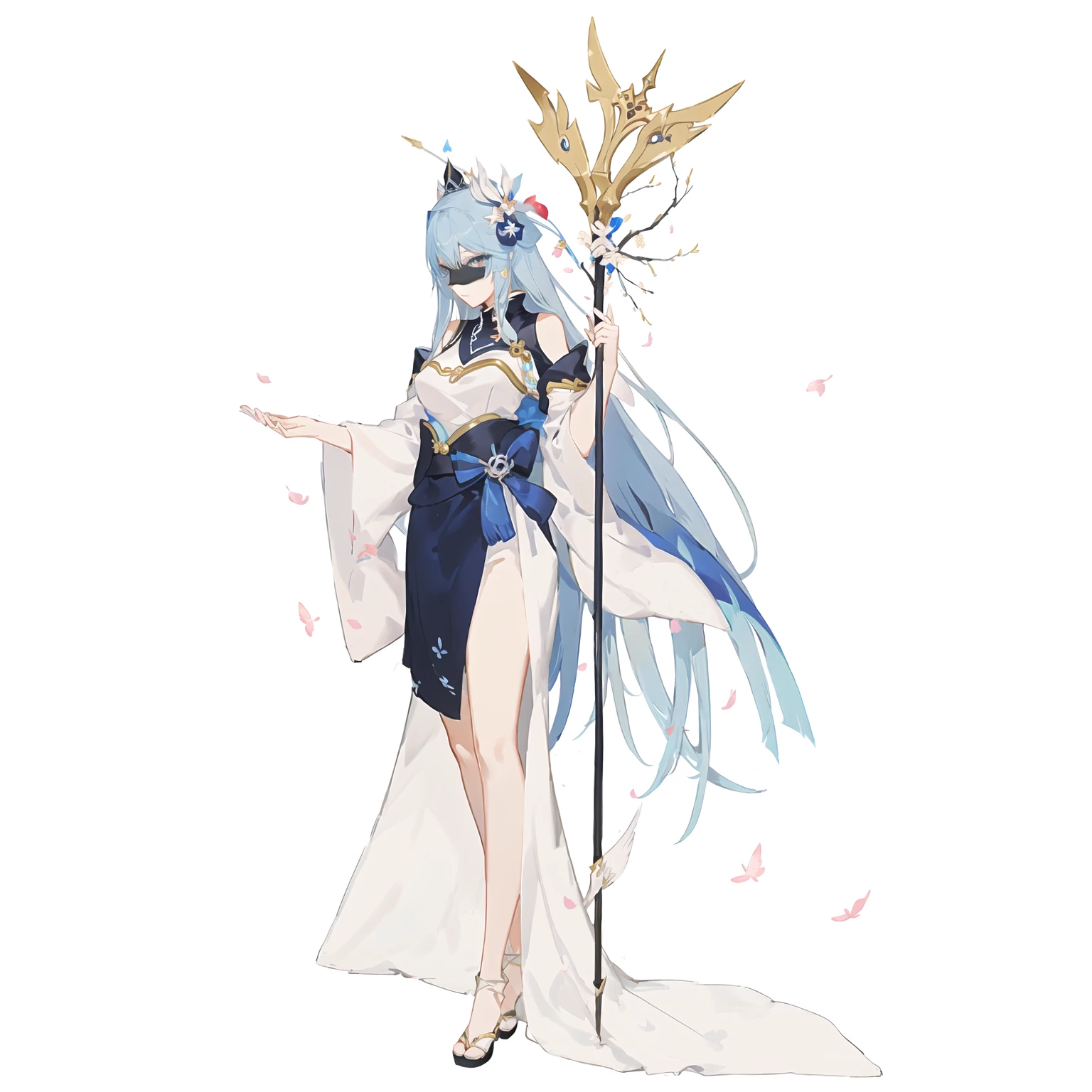 Wearing white and blue clothing、Cartoon character holding a scepter, Anime Goddess, Onmyoji detailed art, She holds a long stick, Onmyoji, Beautiful fantasy queen, Beautiful full body concept art, The non-dual god of spring, ((Beautiful fantasy queen)), Anime character design, pretty Anime character design, Full body fairy