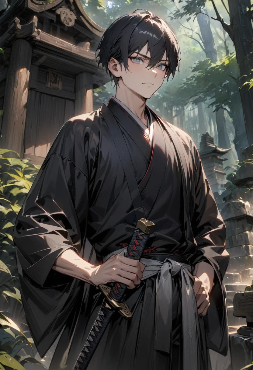 man with calm face ,Male Dark, dark Woods,Red & Black colors, gray eyes, short hair, black japanese hanten,samurai dnd, forest shrine background, one katana on Hip, masterpiece, detailed hands, detailed image