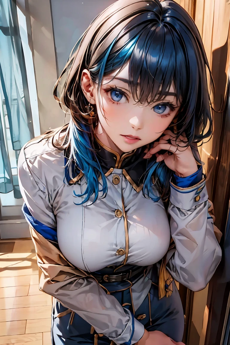 (masterpiece), ((Highest quality)), (masterpiece,Highest quality,Official Art,Highly detailed CG Unity 8K wallpapers)、Beautiful Japanese Woman、Detailed face、Smooth Skin、Medium breast、((Short Bob:1.8、Light blue hair))、"High school girl in a futuristic uniform。Wearing a monochrome tight-fitting blazer、Metallic buttons and school crest on left chest。Below is the、He is wearing a clean white shirt with hidden buttons.、The collar and cuffs have thin lines。Wearing tight fitting straight pants、It has the same simple stripes as the blazer.。Shoes must be black or dark grey sneakers、Includes silver accents。As an accessory、School color tie、We also have berets that can be used during extracurricular activities.。The material of the uniform is temperature regulating、Antifouling、Has antibacterial properties。"