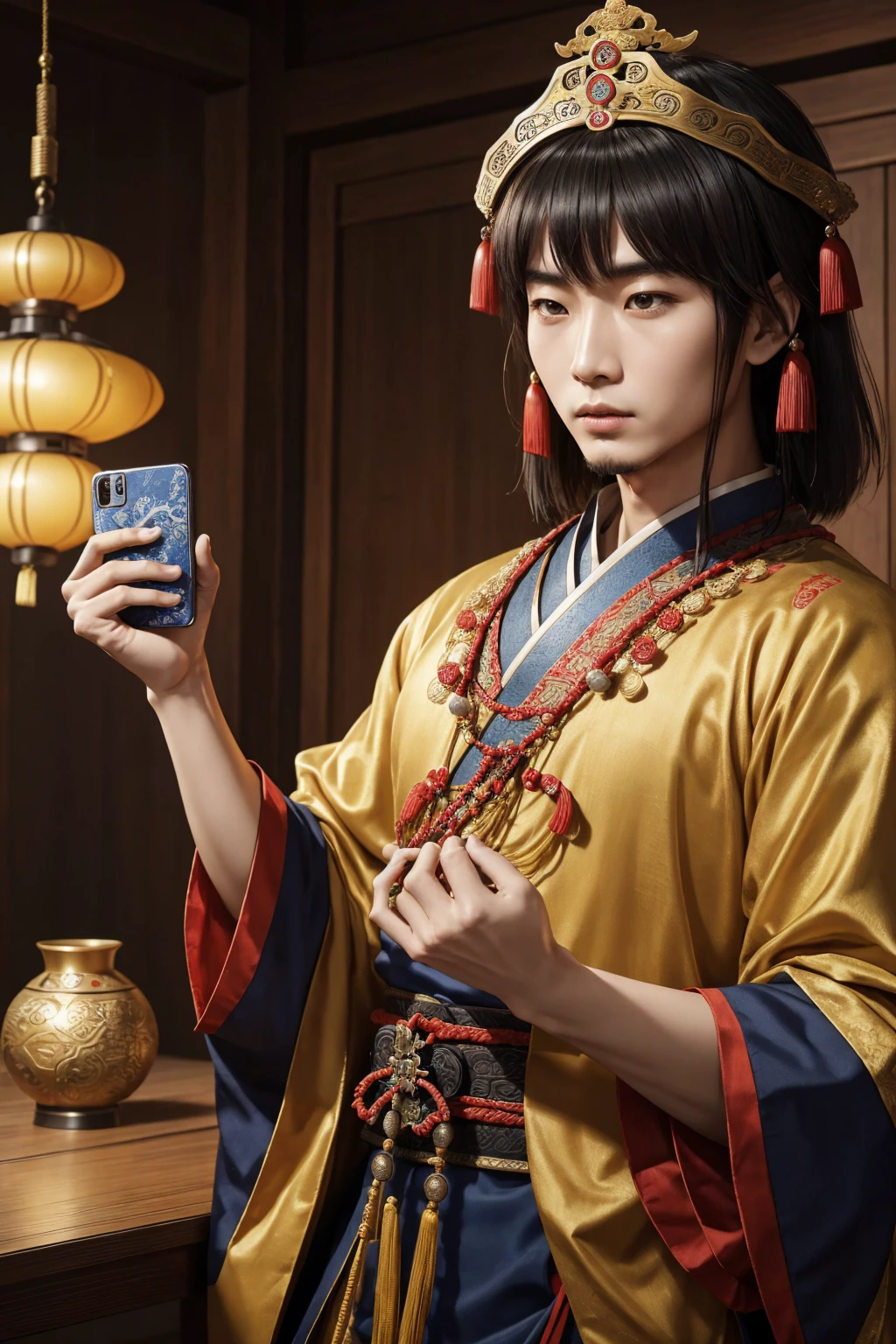 oriental、a man  in ancient chinese clothes, Han Tang Song Ming headdress Ancient China Kingdom Emperor hair crown young master's official hat ancient China head ornament, holding a phone, ancient chinese hairstyle man、short hair, three kingdom、highest quality、masterpiece、ultra high resolution、(realistic:1.4)、game poster、Clear and beautiful image quality、Black clothes、long beard、no background, inspired by Cao Cao (Mengde) from three kingdoms