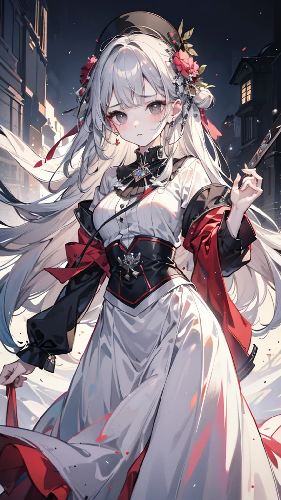 ((best quality)), ((masterpiece)), (detailed), Perfect face, Silver hair, Very long hair, black eyes, White long skirt, Sad face