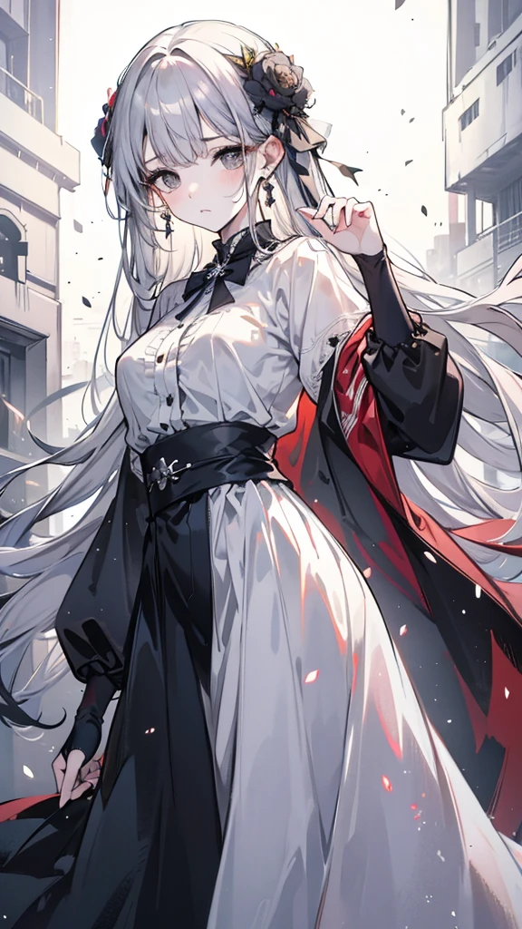 ((best quality)), ((masterpiece)), (detailed), Perfect face, Silver hair, Very long hair, black eyes, White long skirt, Sad face