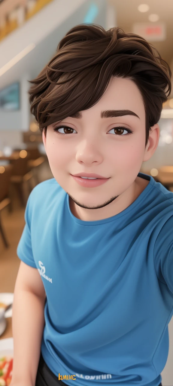 (Masterpiece), (ultra detailed), (realistic), (best quality), (ultra high resolution), (half body photo), front lighting, portrait, vivid colors, bokeh, soft lighting; realistic photography high dimension, there is a photo of a 20th years old Asian young man in a aesthetic restaurant, cool man, His skin is dark browny, his body is slightly fatty, his weight arround 60 kilograms, his eyes are narrow with a sharp, he is smiling slightly, He is facing slightly tilted towards the right of a camera angle, he is wearing dark blue black over size thick crewneck, his hands were not visible. Smooth fading backround, bokeh, blur background, face focus, super focus and sharp definition to objects, portraits, profile photos, half body photos, at restaurant, blurry face, blur effect face, blurred face, blurry image, blur effect, blurry, detailed unblurred face, blurry photography, background blur, deblur, motion blur, slow shutter, close up potrait, photo soft blurring background, slow shutter, profile picture 1024px, potrait, photoshot, screensaver, clear high definition resolution