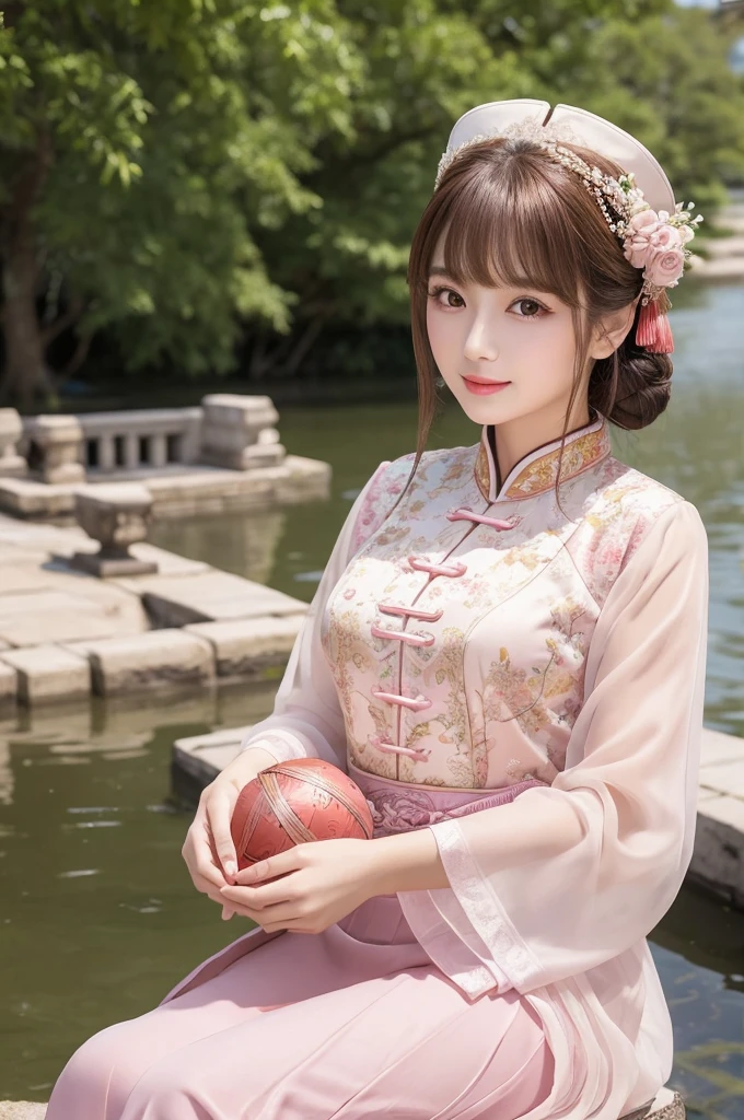 masterpiece, Highest quality, Waterfront, banquet, 1 female, Mature Woman, elegant, Chinese style, ancient China, younger sister, Royal younger sister, Happy, Meatball Head, Light brown hair, Pink Eyes, Gorgeous hat, Pale pink lips, Pink clothes, thread-like clothes, intellectual, Full Bang, Flat bangs, Flower Ball, Delicate face,Updo