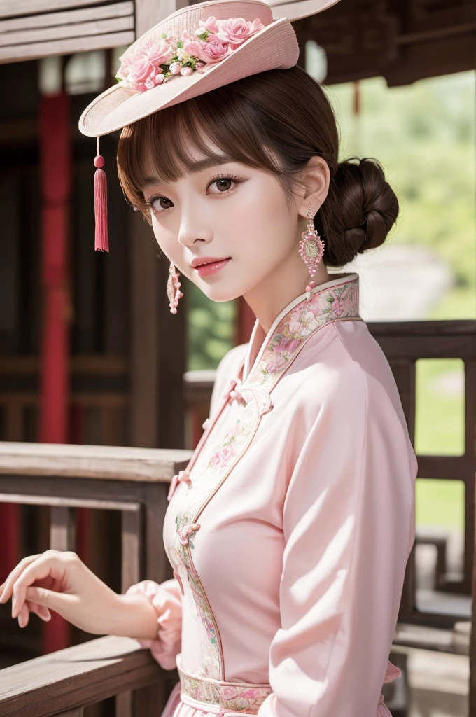 masterpiece, Highest quality, Waterfront, banquet, 1 female, Mature Woman, elegant, Chinese style, ancient China, younger sister, Royal younger sister, Happy, Meatball Head, Light brown hair, Pink Eyes, Gorgeous hat, Pale pink lips, Pink clothes, thread-like clothes, intellectual, Full Bang, Flat bangs, Flower Ball, Delicate face,Updo