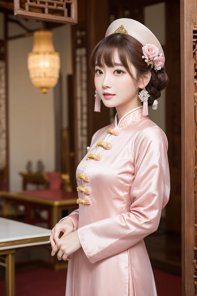 masterpiece, Highest quality, Waterfront, banquet, 1 female, Mature Woman, elegant, Chinese style, ancient China, younger sister, Royal younger sister, Happy, Meatball Head, Light brown hair, Pink Eyes, Gorgeous hat, Pale pink lips, Pink clothes, thread-like clothes, intellectual, Full Bang, Flat bangs, Flower Ball, Delicate face,Updo