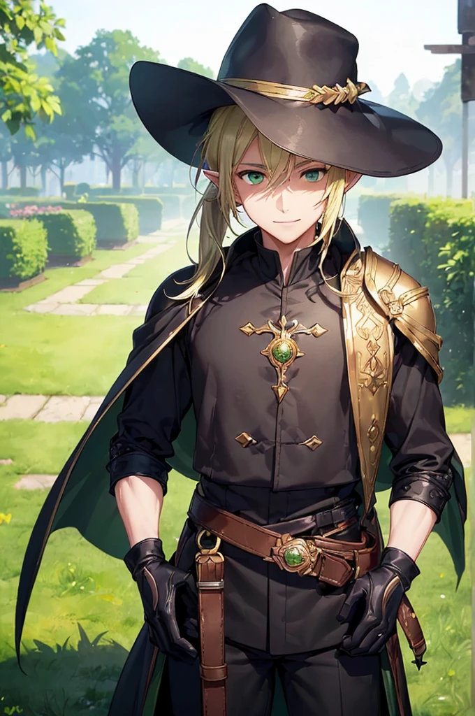 (((masterpiece; best quality: 1.2))), (finely detailed eyes: 1.3), (25 year old elf man), (solo), (green eyes: 1.4), (body; toned, fit, masculine: 1.3), (silky blonde hair in low ponytail: 1.3), (beautiful and clear background: 1.2), ((depth of field)), (equipment: adventurer garb + modest + elegant wide-brim hat + dark overcoat + dark long cape + black pants + gloves + belt + pouches: 1.3), (anime illustration: 1.2), (background composition; royal garden: 1.1), (extremely fine and handsome: 1.1), (shot composition; standing + centered on torso + close-up: 1.5), (expression; calm, smile: 1.2)