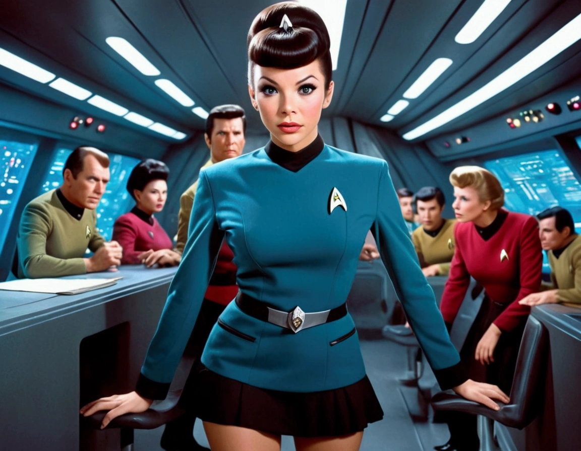 a cute woman, 25 years old, wearing a classic Star Trek mini skirt uniform, she is a clumsy officer who regularly drops things and bends over to pick them up, revealing her panty, on a busy star ship, detailed face, beautiful eyes, long eyelashes, beautiful lips, detailed clothing, dynamic pose, comedic expression, cinematic lighting, highly detailed, 8k, photorealistic, masterpiece, sci-fi, hyper-realistic, high quality