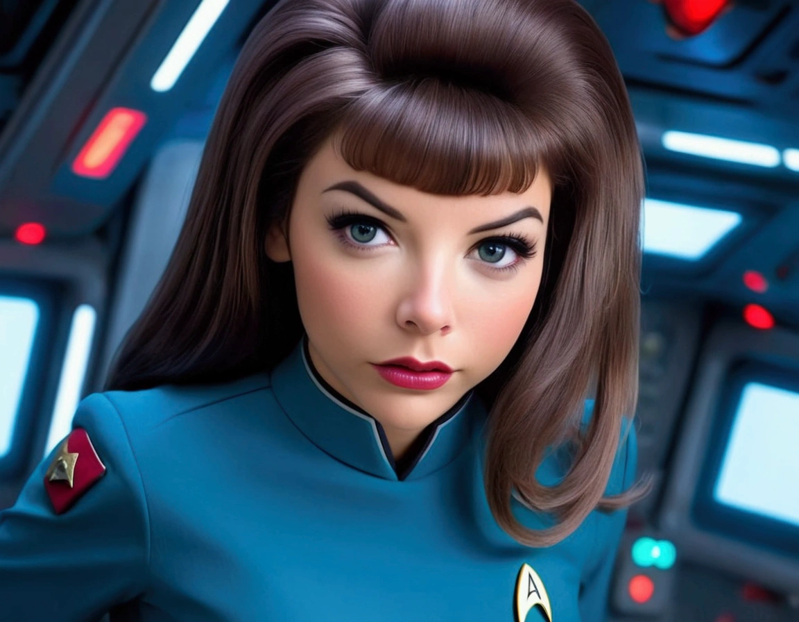 a cute woman, 25 years old, wearing a classic Star Trek mini skirt uniform, she is a clumsy officer who regularly drops things and bends over to pick them up, revealing her panty, on a busy star ship, detailed face, beautiful eyes, long eyelashes, beautiful lips, detailed clothing, dynamic pose, comedic expression, cinematic lighting, highly detailed, 8k, photorealistic, masterpiece, sci-fi, hyper-realistic, high quality