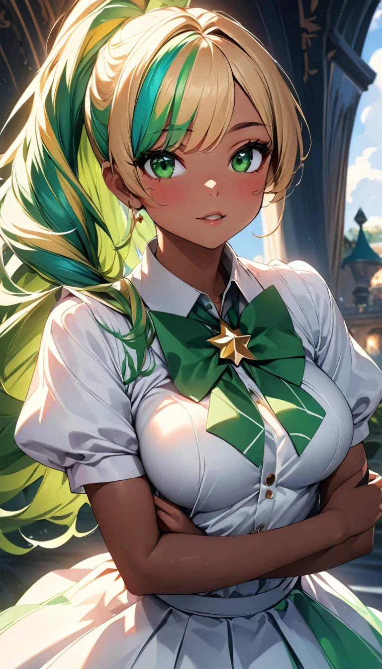 (highest quality:1.2, Very detailed, up to date, Vibrant, Ultra-high resolution, High Contrast, masterpiece:1.2, highest quality, Best aesthetics), Portraiture、solo, girl、(slim:1), (25-years-old), magical girl, wave a magic stick, shinning star at the top of stick, in magic kingdom, (daytime), Bright colors、Beautiful fine details、Beautiful lip detail、long hair、ponytail, white and yellow green ((streaked hair:1.6)), highlights hair: 1.5, (medium breast:1) , (tan skin:0.9), cute pose, ((cowboy shot:1))