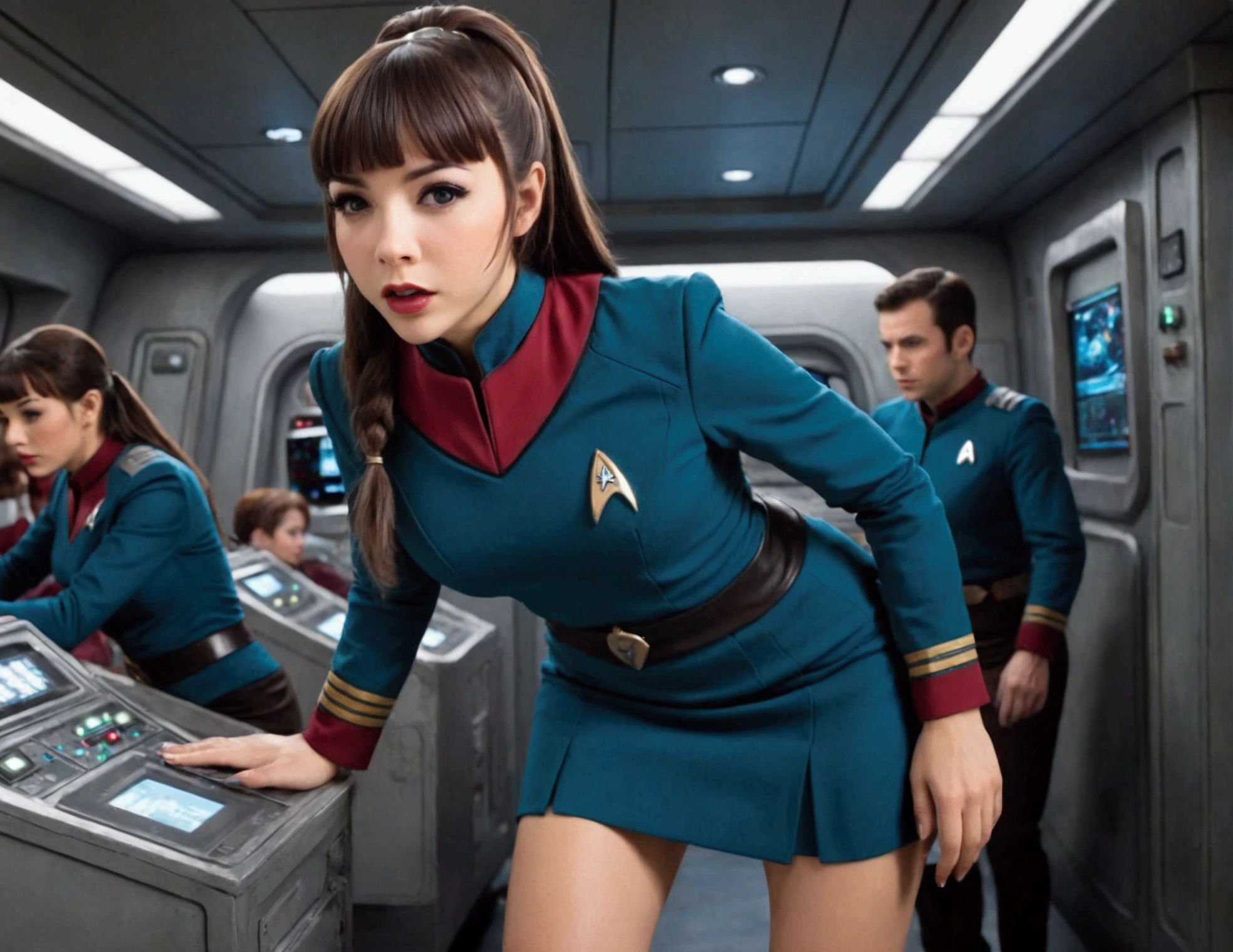 a cute woman, 25 years old, wearing a classic Star Trek mini skirt uniform, she is a clumsy officer who regularly drops things and bends over to pick them up, revealing her panty, on a busy star ship, detailed face, beautiful eyes, long eyelashes, beautiful lips, detailed clothing, dynamic pose, comedic expression, cinematic lighting, highly detailed, 8k, photorealistic, masterpiece, sci-fi, hyper-realistic, high quality