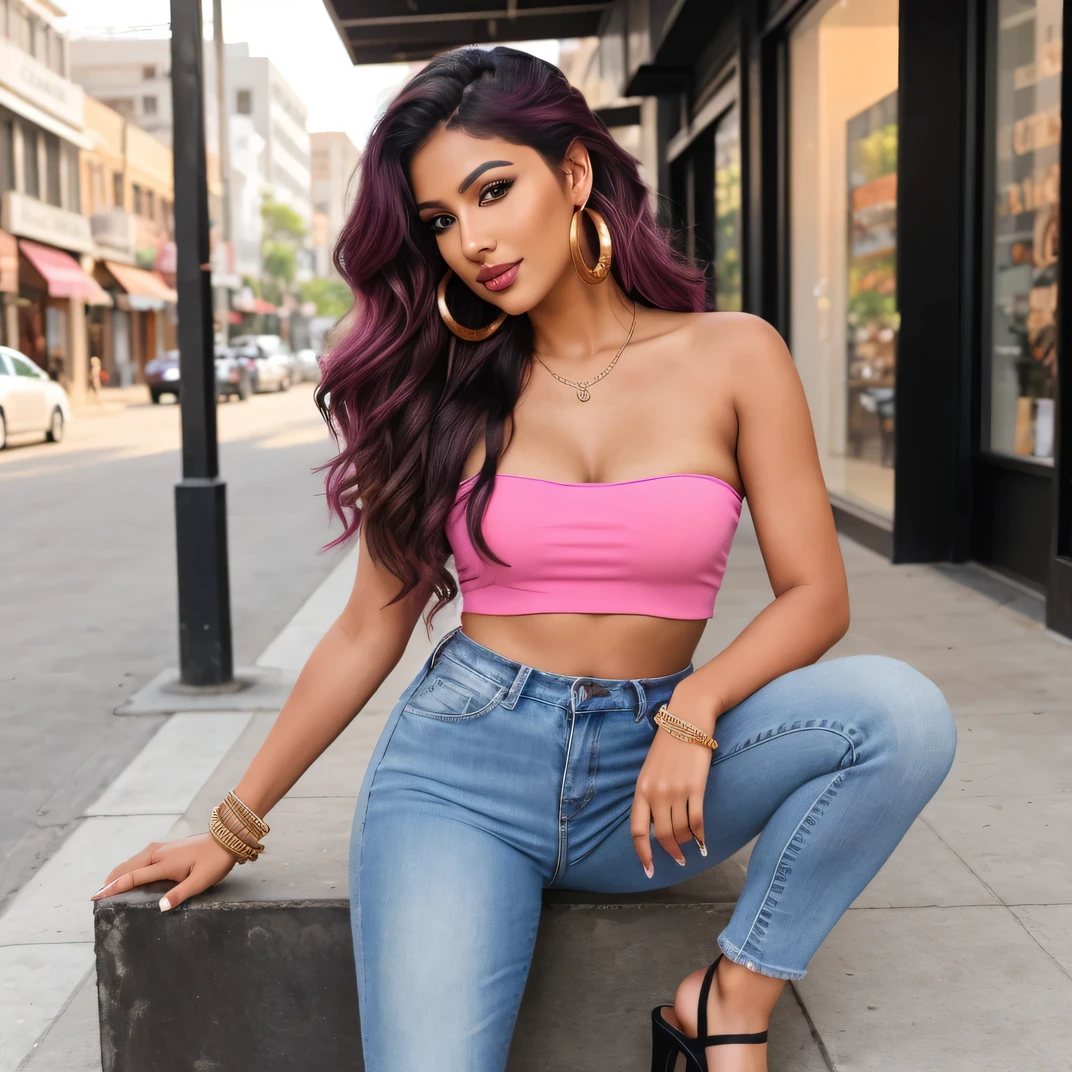 Create an ultra-realistic image of a modern, attractive female influencer of Indian descent, aged between 27 to 30. She should have a warm and inviting smile, expressive almond-shaped eyes with a slight shimmer, and clear, glowing skin with a medium brown complexion. Her features should be well-defined, with high cheekbones and a sharp jawline. Her hair should be long, thick, and wavy, with a natural shine and bounce, styled in loose waves and colored a deep, reddish-purple hue that’s bold yet sophisticated. She should have a slender yet athletic build with a medium bust size (44-46 inches), offering a balanced and proportionate figure.
She is wearing a neon pink bandeau that highlights her toned figure and dark wash skinny jeans that complement her curves. Her outfit is completed with stylish black heeled sandals that add elegance to her look. She accessorizes with subtle yet chic jewelry, such as small hoop earrings and a few thin bangles.
The background should be a trendy downtown street with modern storefronts, suggesting a cosmopolitan lifestyle. Her overall appearance should exude confidence, approachability, and sophistication, capturing the essence of a contemporary Indian fashion influencer.