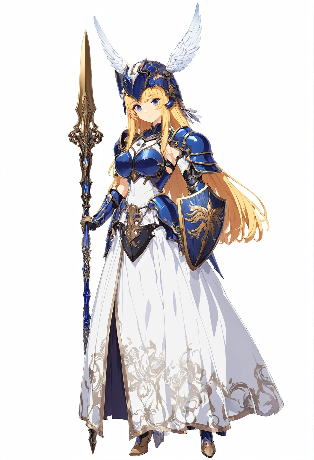 high quality, high resolution, high qualityのゲームアートスタイル, whole body,valkyrie,perfect hand,Official Art, Smooth game CG art, Visual Novel Sprites, White background,Smooth game CG art, (((Woman with a gun))),Woman wearing a white dress and blue armor, An intricately designed helmet with white feathers,((A small shield is attached to the left arm.)), (((In his right hand he holds an elaborate spear))),Exquisite Blue Armor,Golden Hair, long hair, blue eyes,female knight, Rin々Shii,Large Bust,20-year-old