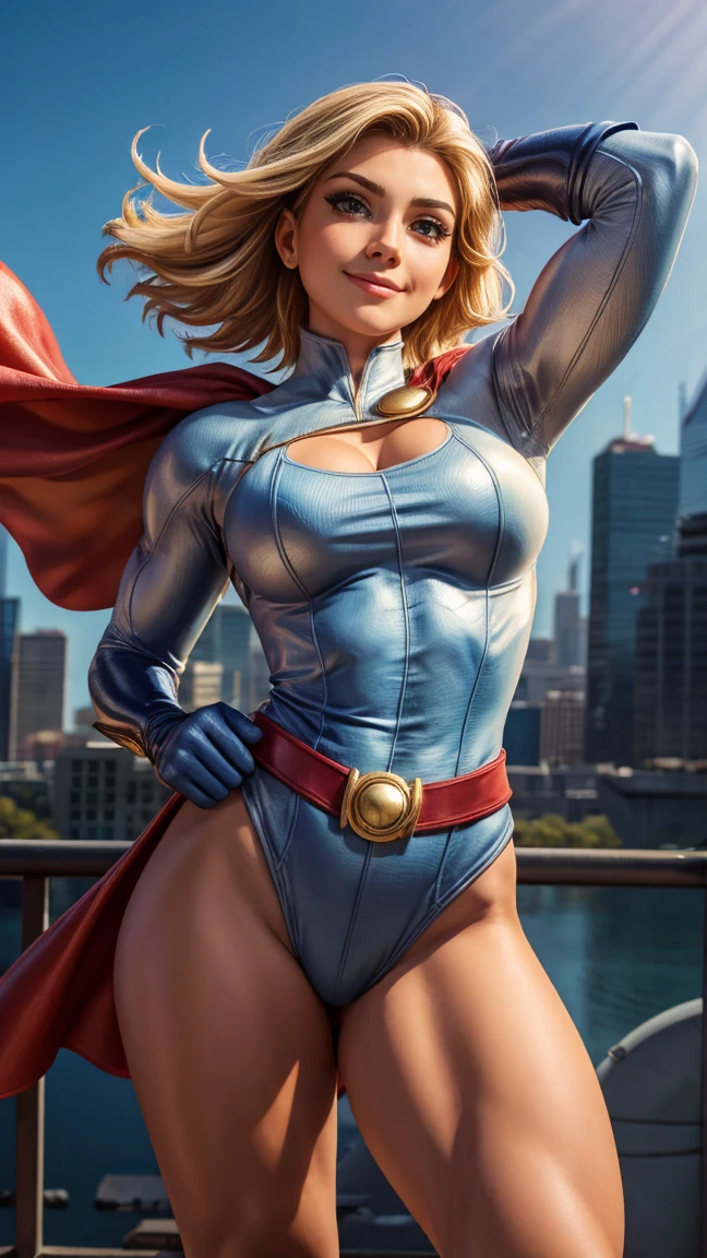 Power Girl da DC Comics, (best qualityer,4K,8k,high resolution,work of art:1.2),ultra detali,realisitic,portraite,beautiful detailed eyes,beautiful detailed lips,extremely detailed eye and face,long eyelashes,sexly,average:oil painting,shining skin,Flying hair,beaming smile,powerful girl in the air,Flight,confident pose,stunning curves,bright coloured,dramatic lighting,serene background,composition