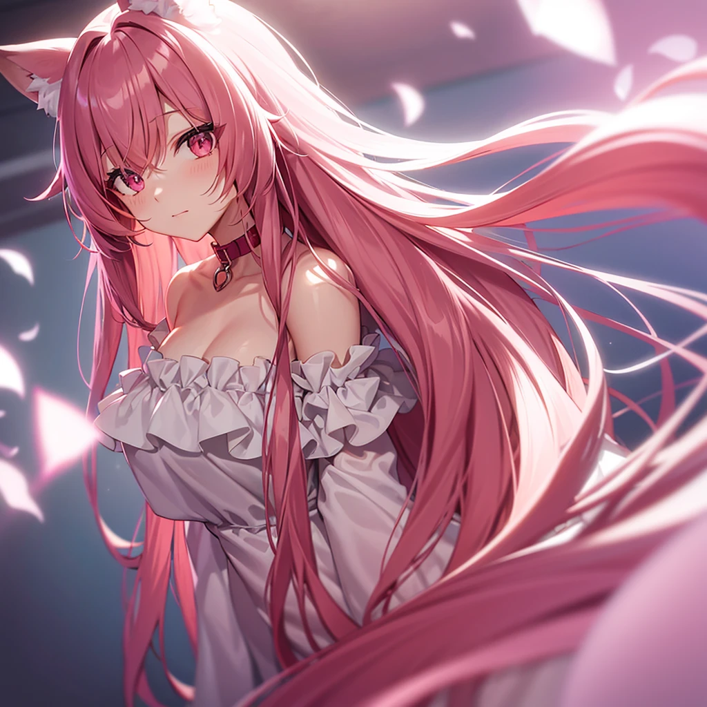 fox ears,Pink hair,1 ,glow red eyes,Long hair,white chiffon strapless dress,Wavy_hair,collar,cinematic angle,bright light,depth of field,shyness,