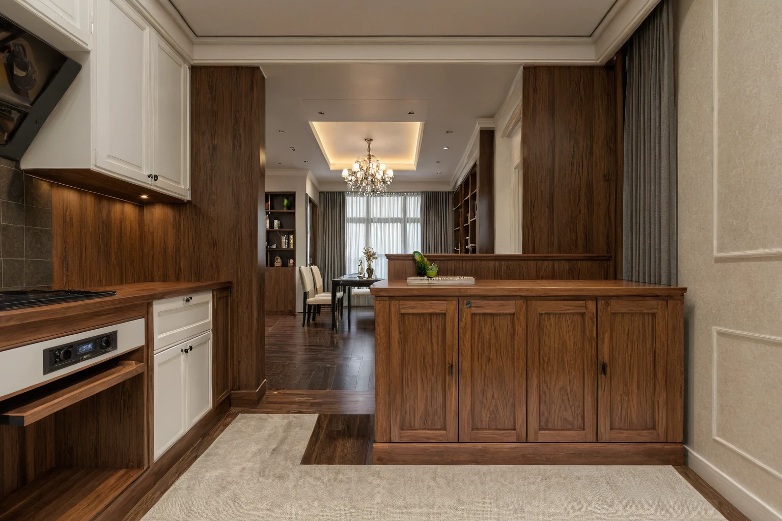 Raw photo, Masterpiece, high quality, best quality, authentic, super detail, interior, indoors, style modern, minimalist line, wooden, dark walnut wood, LED light, white paint wall, LIVING ROOM, PEN HOUSE, wooden window, japan style, wasabi style, Jen style, paint wall, Indochine style, bedroom, melamine wood, child room, office, kitchen, closet