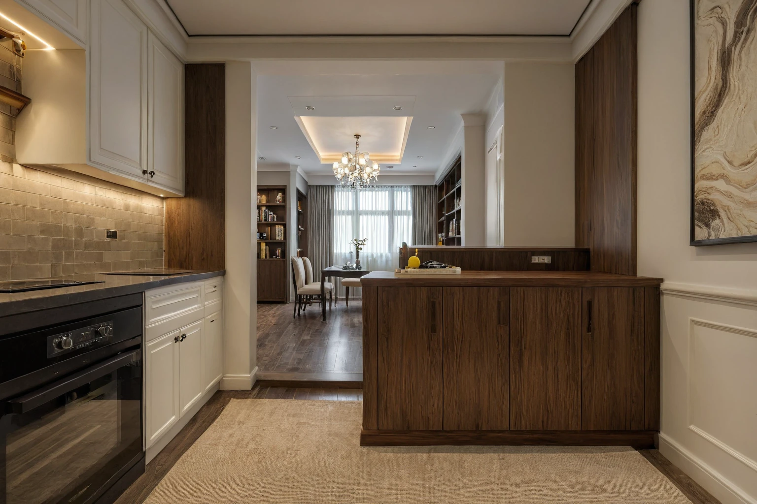 Raw photo, Masterpiece, high quality, best quality, authentic, super detail, interior, indoors,  style modern, minimalist line, wooden, dark walnut wood, LED light, white paint wall, LIVING ROOM, PEN HOUSE, wooden window, japan style, wasabi style, Jen style, paint wall, Indochine style, bedroom, melamine wood, child room, office, kitchen, closet