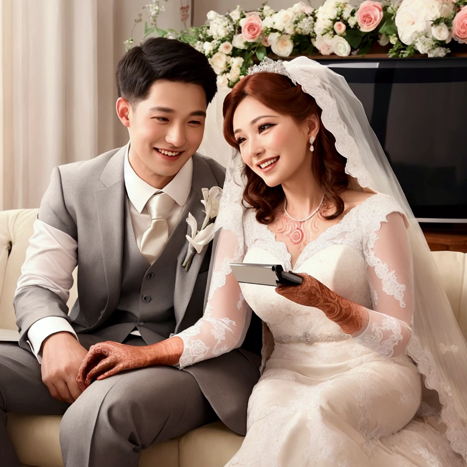 super fine illustration, highly detailed, dynamic angle, beautiful detailed, 8k, In the summer afternoon, in the living room, BREAK an elderly couple sits on the sofa, cuddling and smiling as they watch the TV screen. (((BREAK The TV screen shows a wedding video from their youth))), displaying the younger couple with happy smiles.