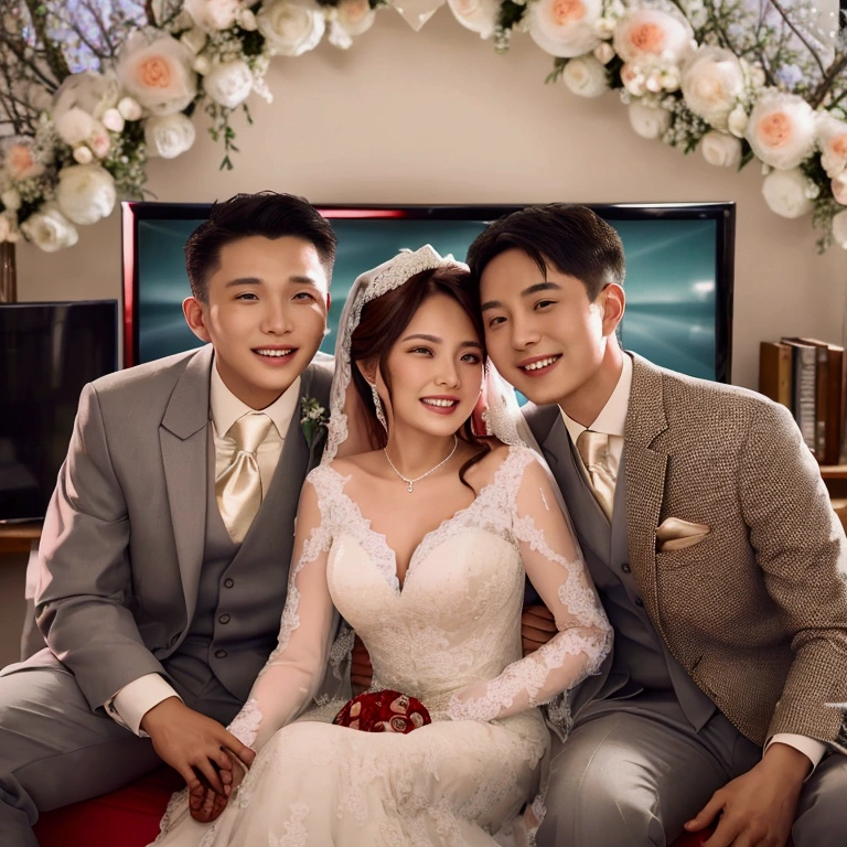 super fine illustration, highly detailed, dynamic angle, beautiful detailed, 8k, In the summer afternoon, in the living room, BREAK an elderly couple sits on the sofa, cuddling and smiling as they watch the TV screen. (((BREAK The TV screen shows a wedding video from their youth))), displaying the younger couple with happy smiles.
