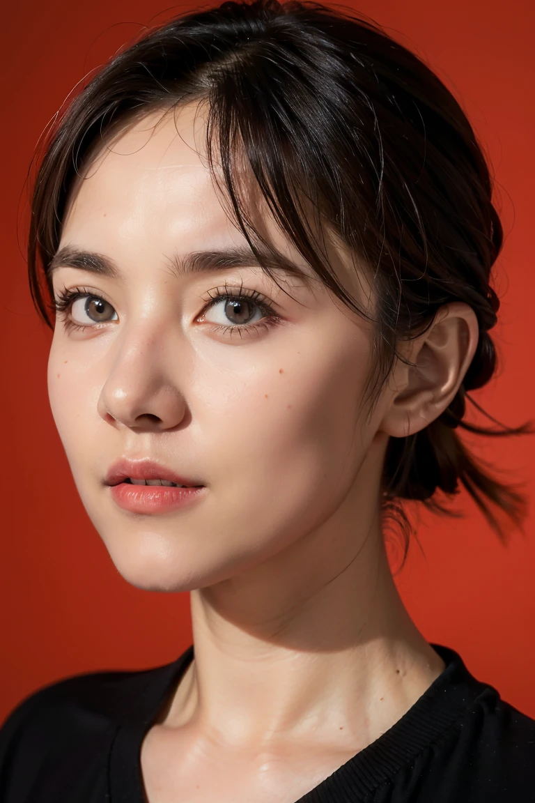 Close portrait of a woman (German:1.5) lineage,looking at camera,slight stubble,clean skin,Brown eyes,wearing a dark shirt,soft light,red background,Shallow depth of field,High-resolution images,Studio shot,Headshot,photographic realism,, masterpiece,best quality,