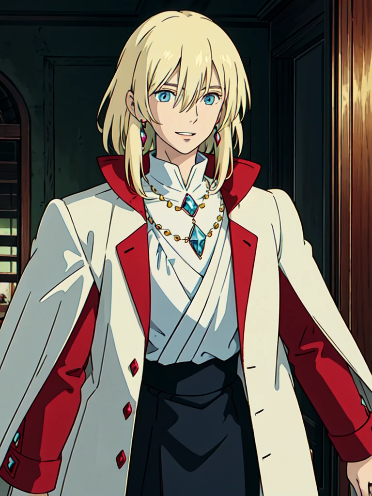 ghibli style, howl \(howl no ugoku shiro\), 1boy, bangs, blonde hair, blouse, blue eyes, coat, crystal earrings, earrings, hair between eyes, jewelry, long sleeves, looking at viewer, male focus, medium hair, necklace, parted lips, red coat, shirt, smile, solo, white background, white shirt , ((masterpiece))
