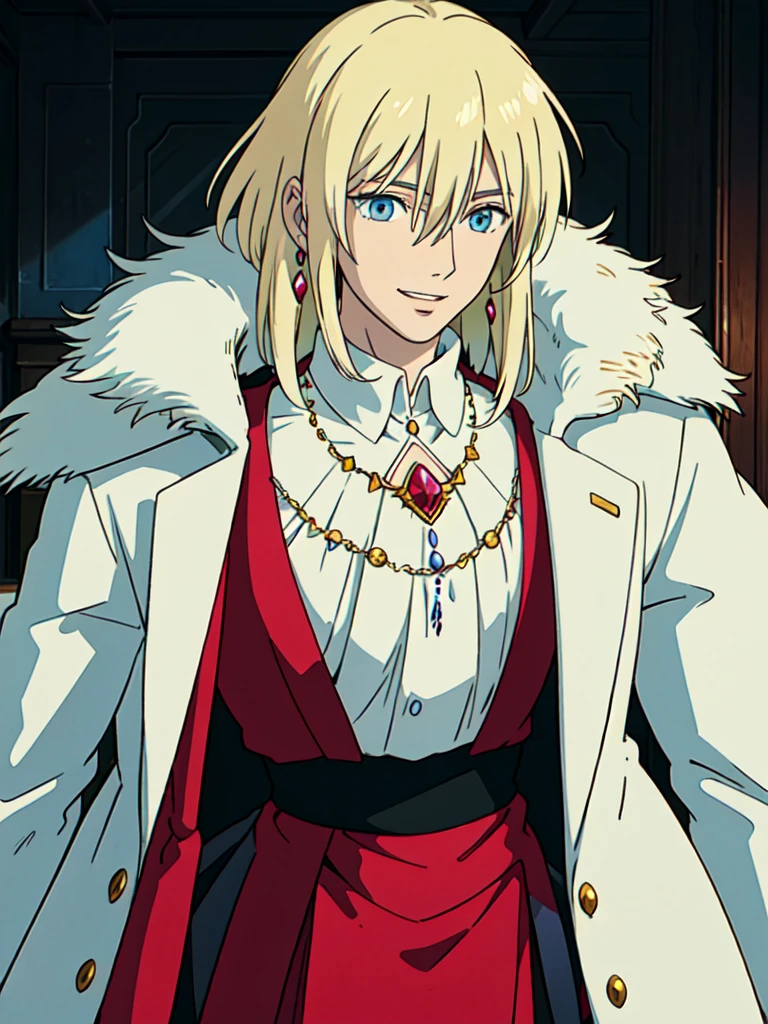 ghibli style, howl \(howl no ugoku shiro\), 1boy, bangs, blonde hair, blouse, blue eyes, coat, crystal earrings, earrings, hair between eyes, jewelry, long sleeves, looking at viewer, male focus, medium hair, necklace, parted lips, red coat, shirt, smile, solo, white background, white shirt , ((masterpiece))