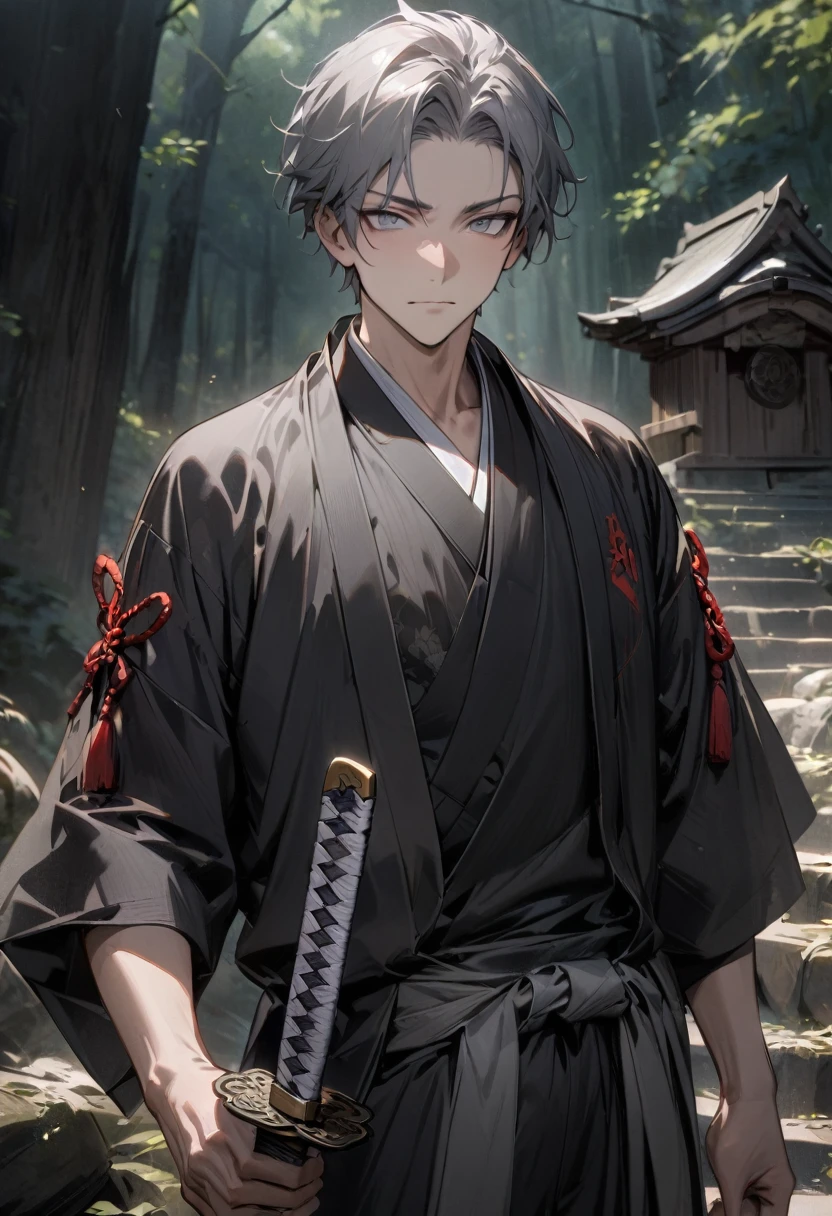 man with calm face ,Male Dark, dark Woods,Red & Black colors, gray eyes, short hair, black japanese hanten,samurai dnd, forest shrine background, one katana on Hip, masterpiece, detailed hands, detailed image