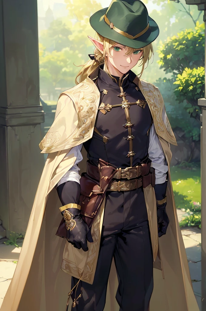 (((masterpiece; best quality: 1.2))), (finely detailed eyes: 1.3), (25 year old elf man), (solo), (green eyes: 1.4), (body; toned, fit, masculine: 1.3), (silky blonde hair in low ponytail: 1.3), (beautiful and clear background: 1.2), ((depth of field)), (equipment: adventurer garb + modest + elegant wide-brim hat + dark overcoat + dark long cape + black pants + gloves + belt + pouches: 1.3), (anime illustration: 1.2), (background composition; royal garden: 1.1), (extremely fine and handsome: 1.1), (shot composition; standing + centered on torso + close-up: 1.5), (expression; calm, smile: 1.2)