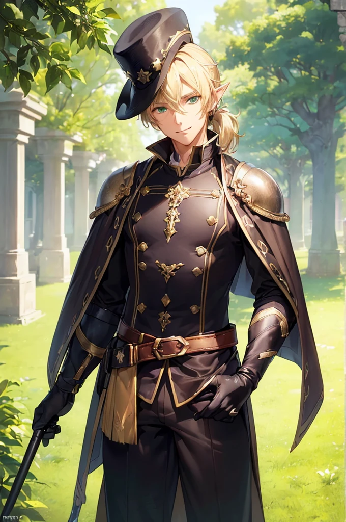 (((masterpiece; best quality: 1.2))), (finely detailed eyes: 1.3), (25 year old elf man), (solo), (green eyes: 1.4), (body; toned, fit, masculine: 1.3), (silky blonde hair in low ponytail: 1.3), (beautiful and clear background: 1.2), ((depth of field)), (equipment: adventurer garb + modest + elegant wide-brim hat + dark overcoat + dark long cape + black pants + gloves + belt + pouches: 1.3), (anime illustration: 1.2), (background composition; royal garden: 1.1), (extremely fine and handsome: 1.1), (shot composition; standing + centered on torso + close-up: 1.5), (expression; calm, smile: 1.2)