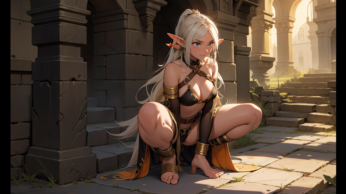 ((naked black skin maid elf) ((Cornrow Hair Short Dreadlocks)) (solo:1.3 blonde hair long hair detailed elf woman, 1000 yo, detailed silver eyes), ((cigarette in mouth)), open mouth, in a lovely micro bikini, in the divine lake, break, perfect anatomy, masterpiece:1.2, best quality, 8k, beautiful detailed grow, daydreaming expression.