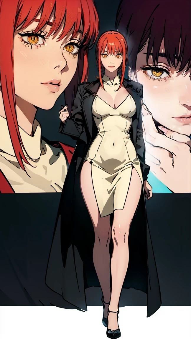The character Makima from the anime series Chainsaw Man, fragile, full length (Full body 1.1.), dark background, darkness, Correct anatomy 1.1, holds his hands behind his back, correct hand anatomyVery sexy, erotica, very feminine, beautiful figure, legs, buttocks, beautiful body, red hair, orange eyes, Red circles for ren, summer dress, sexy pose, realistic, very detailed, beautiful body, detailed body, detailed hands, detailed, Vibrating, detailed Face, Makima character design. very detailed, detailed body, detailed hands, detailed Face, anime art, Hugh Details, Very downcast face, detailed eyes, Super thin illustration, best shadow, Fine detail, beautiful detailed glow, beautiful detailed, Extraordinarily beautiful, extremely detailed, inexpressive, epic composition, Anime style. anime art anime art, Anime style,