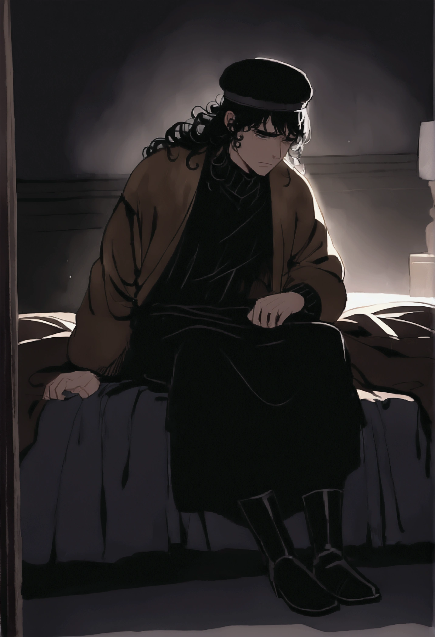 (detailed), (((normal guy))), (arab features), ((brown sheepskin jacket)), ((black curly hair loose hair)), (sad face), ((by the wide)), ((tall black boots)), (((Whole body))), ((sitting on the bed in a room)), ((male)), (black turtleneck sweater), ((only one person)), (at night), ((poorly lit room)), ((((dark room)))), (black cloth cap)
