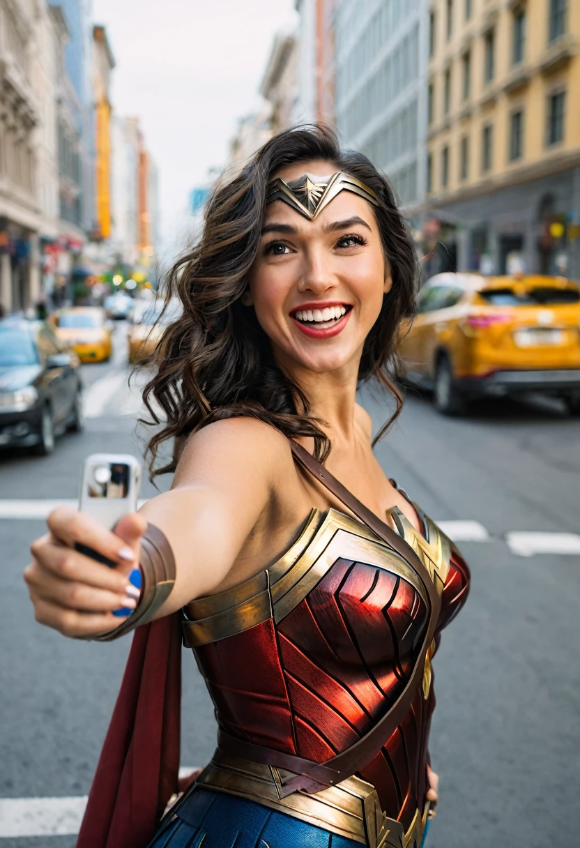 Wonder woman taking a selfie on a city street,happy look and face