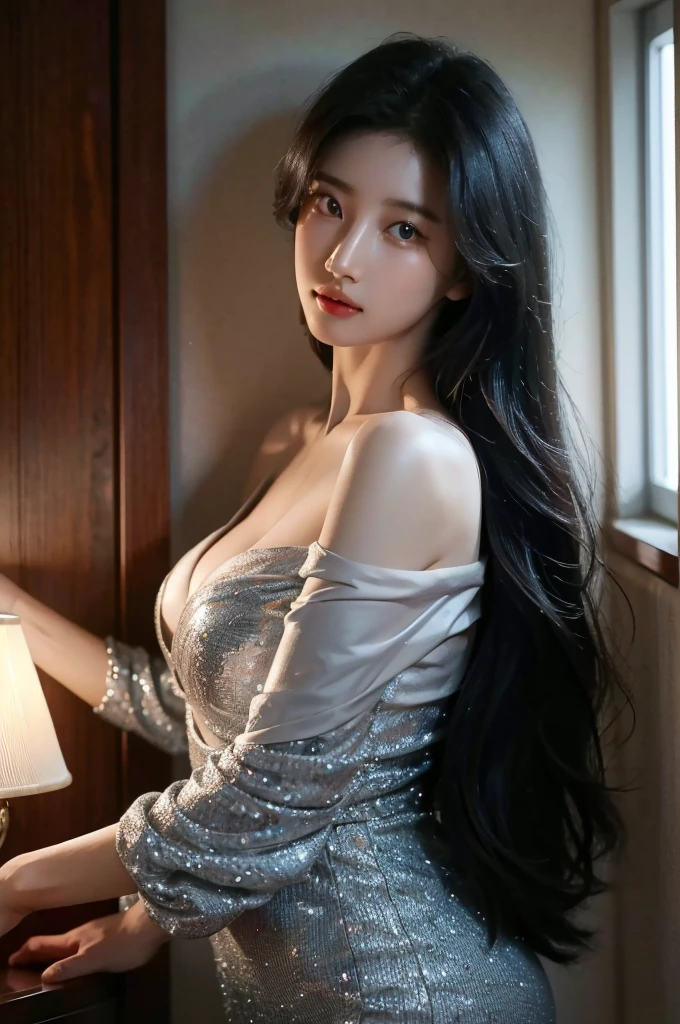 8k, masterpiece, RAW photos, best quality, realistic, Highly detailed CG Unity 8k wallpaper, depth of field, Cinematic Light, lens flare, ray tracing, (very beautiful face, beautiful lips, beautiful eyes), Face with intricate details, ((highly detailed skin)), best quality, masterpiece, ultra high resolution, (realistic photo:1.5), Original image, luxury long dress, 1 woman, off shoulder, in the dark, deep shadows, low song, cold light, sexy look, long gray hair,house,restroom,selfie,pretty,rim light,Swirling hair, medium shot, big bust, korean girl, korean