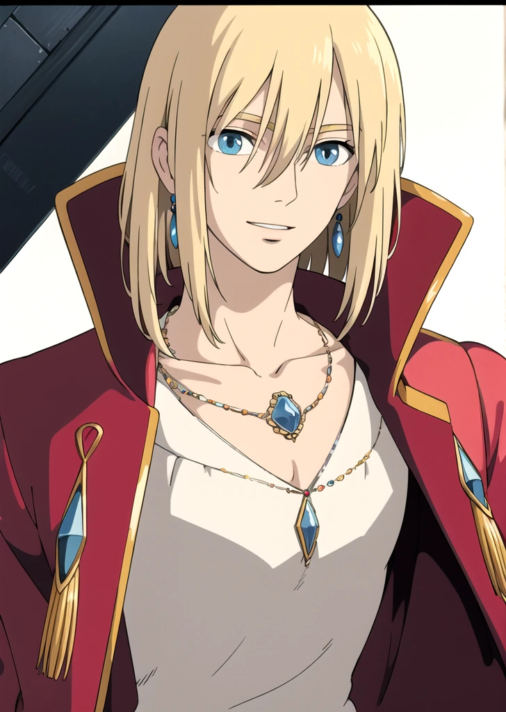 (((ghibli style))),ghibli style, howl \(howl no ugoku shiro\), 1boy, bangs, blonde hair, blouse, blue eyes, coat, crystal earrings, earrings, hair between eyes, jewelry, long sleeves, looking at viewer, male focus, medium hair, necklace, parted lips, red coat, shirt, smile, solo, white background, white shirt , ((masterpiece))