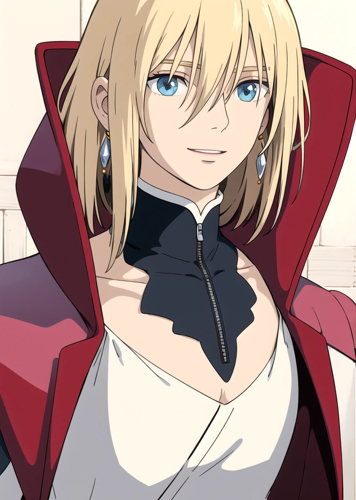 (((ghibli style))),ghibli style, howl \(howl no ugoku shiro\), 1boy, bangs, blonde hair, blouse, blue eyes, coat, crystal earrings, earrings, hair between eyes, jewelry, long sleeves, looking at viewer, male focus, medium hair, necklace, parted lips, red coat, shirt, smile, solo, white background, white shirt , ((masterpiece))