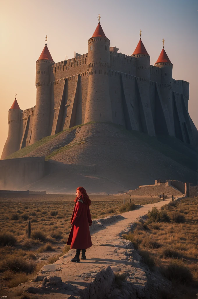 masterpiece, figure, ((Standing in the distant desert、Babel, a huge military fortress made of carved stone)), (Tower of Babel), Pale blue sky, sunlight, fog, Shadow, Dark grass with stones, Uninhabitable, Barren Land, nature, (Mountain々), Unsaturated, (A young girl in a dark blue coat standing in the distance and walking towards a castle), Medium length red hair, Moscow, soviet union, (Flying over the fortress、A dark dragon with glowing red eyes)