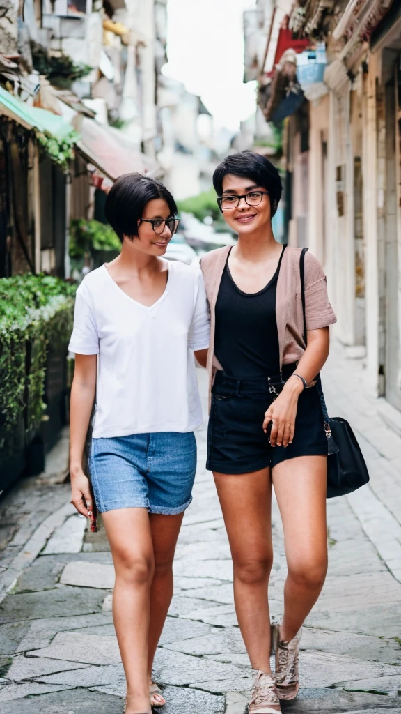 A girl has short hair who wears glasses with the same woman who is traveling in Europe, Asian and Latin American full body