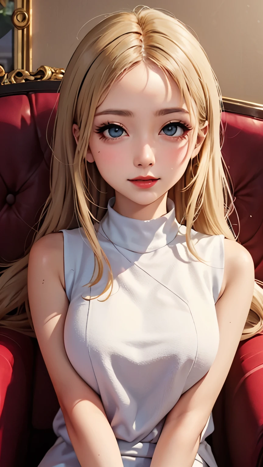 blush a little and smile, (Top quality masterpiece:1.2) Delicate illustrations, Very detailed, /Beautiful Japanese Women、1 person,Very cute and slim、Great style 、((8K images、super high quality))、Very delicate face, Skin and Hair、beautifule forehead、Red lipstick、(((((Mid-length hair、Blonde、lure))))),Very cute Japanese cut face、Eyes and nose are clearly visible、Kind eyes,((((Sleeveless fashion))))