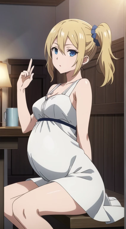 hayasaka,blonde hair, Blue eyes,hair Scrunchie, side ponytail, Scrunchie,  1 girl,alone, hair between eyes,white dress,mini skirt,exquisite visuals, pregnant 
beautiful Finger,beautiful long legs,Beautiful body,beautiful character design, perfect eyes, Perfect face,expressive eyes, looking at the viewer, Appear on knees,sexy pose,in the center of the image, official art,High Definition CG Unity, Perfect lit, bright_front_face_lit, (table top:1.0),(Highest_quality:1.0),4K,Super detailed, photograph, 8k, nffsw, High resolution, absurdes:1.2, kodak portrait 400, film grain, Lens flare, (lively_Farbe:1.2) (beautiful,medium breasts:1.4), (beautiful_face:1.3),(narrow_waist),
